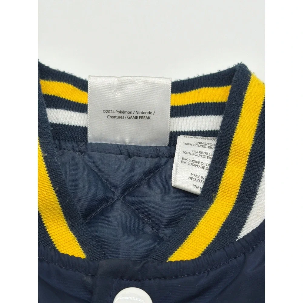 Pokemon‎ Pikachu Kids Varsity Bomber Jacket Navy Blue Snap Front Quilted Small
